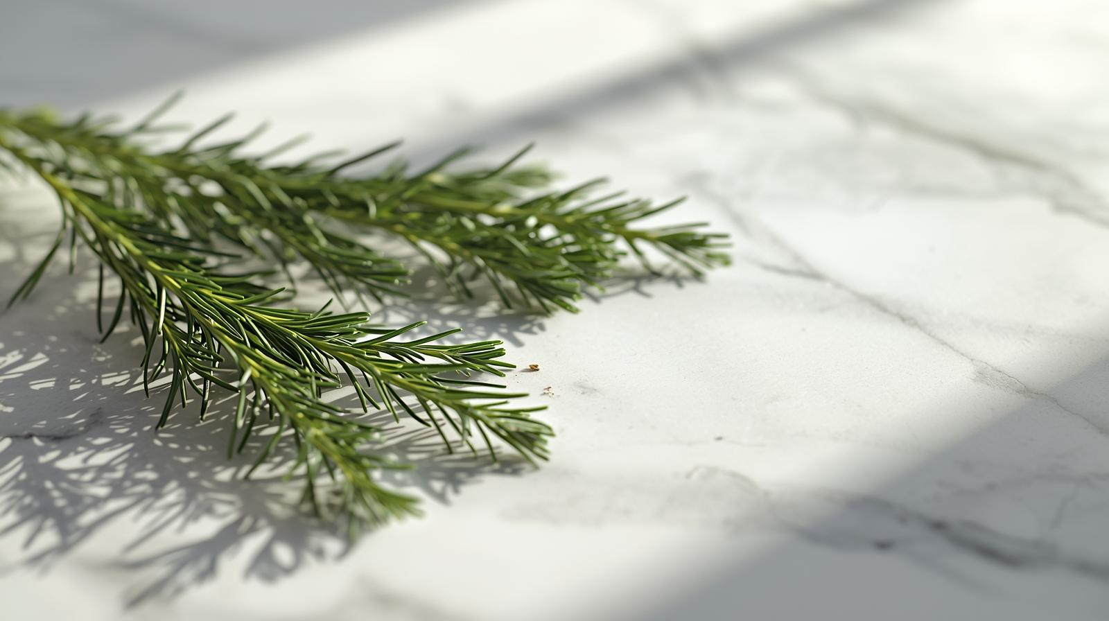 Ramos verdes de alecrim fresco sobre mesa de mármore claro