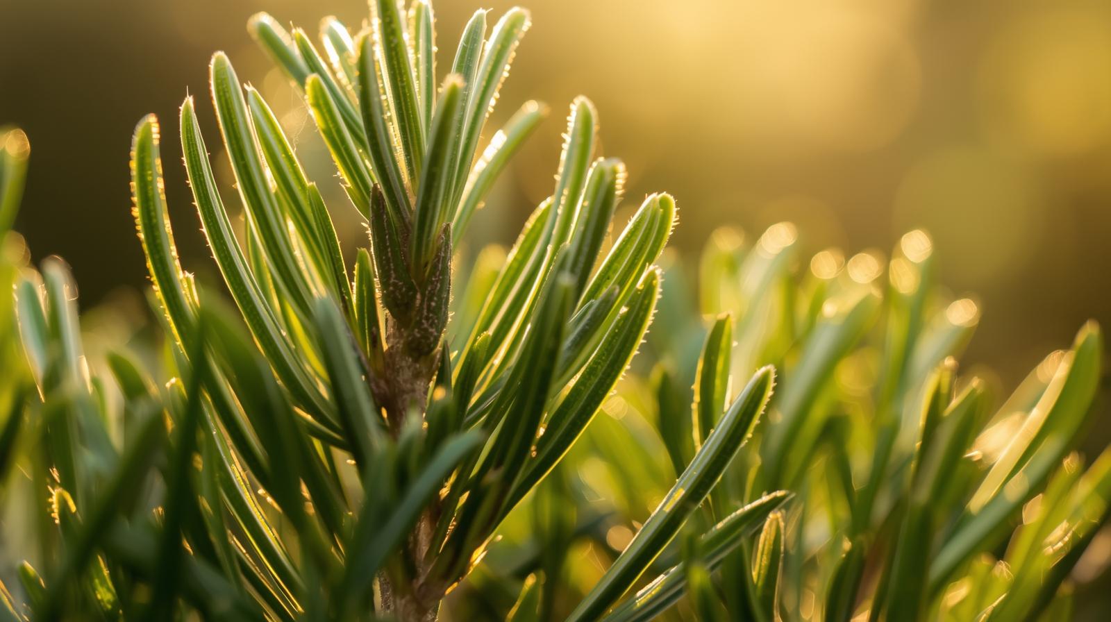 Detalhe de folhas de alecrim ao sol, com textura nítida