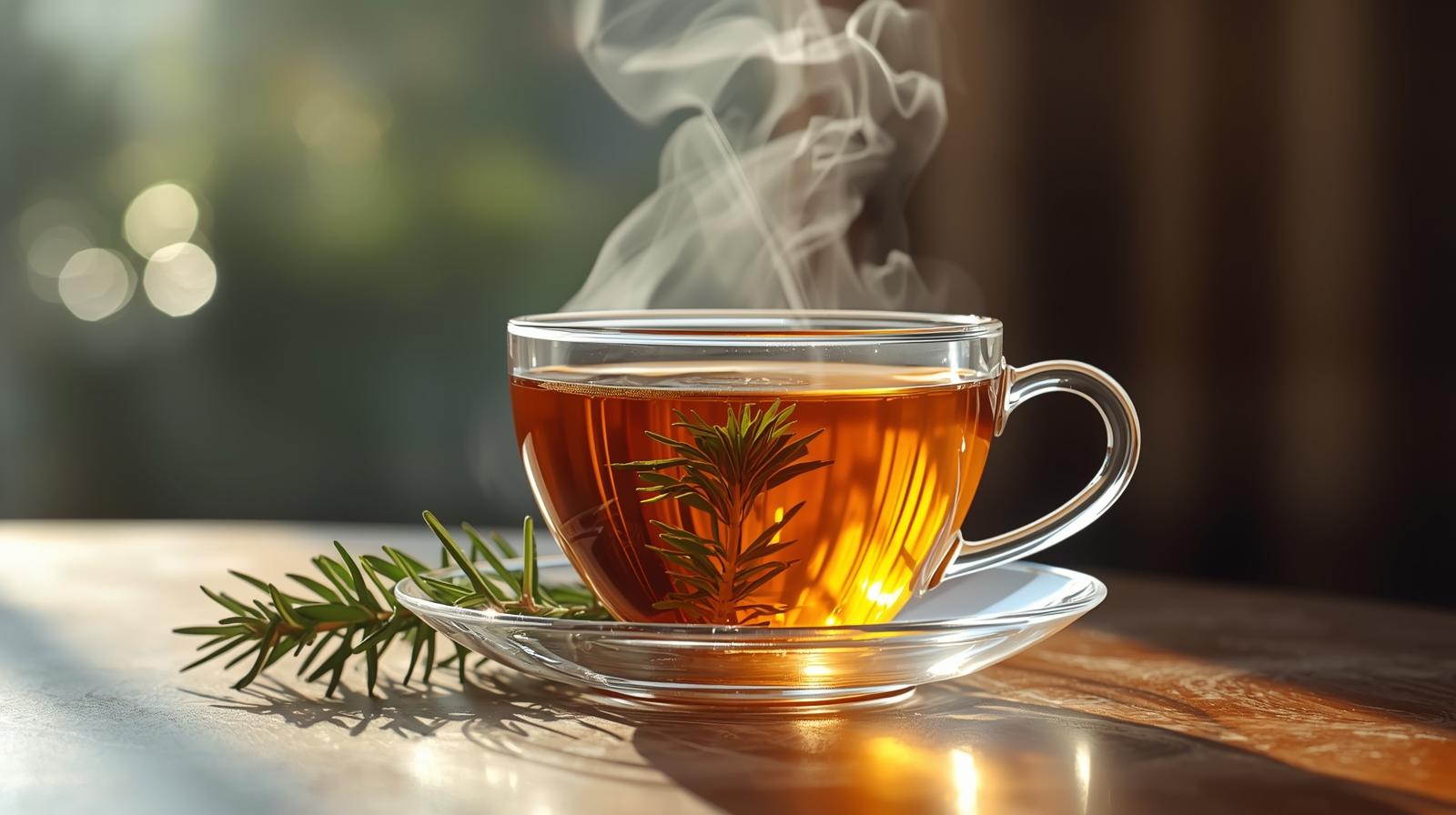 Xícara de chá de alecrim com vapor leve