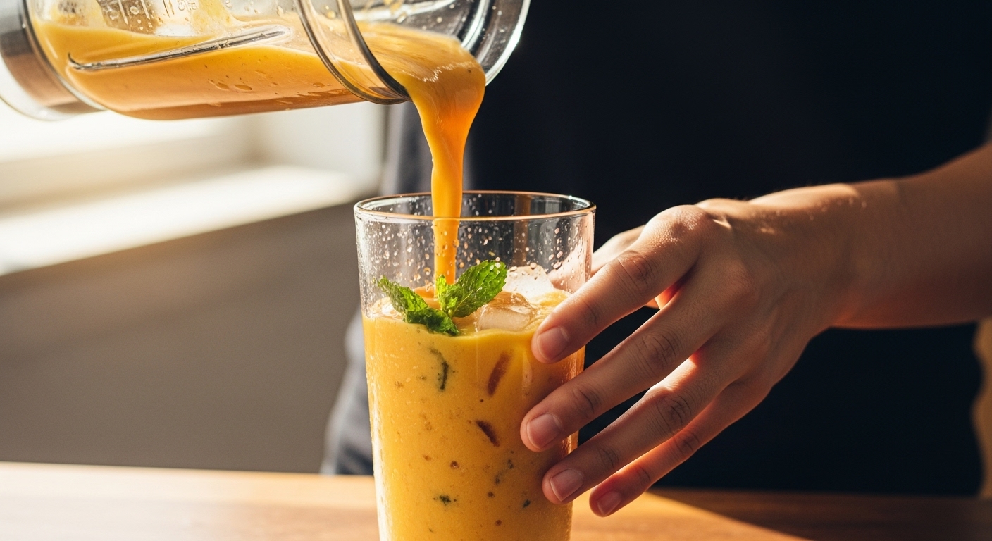 Servindo smoothie glow de manga em copos altos com hortelã