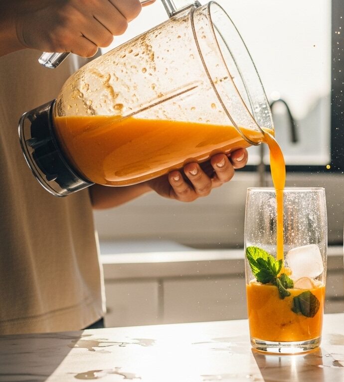 Servindo smoothie glow de mamão em copos altos com hortelã