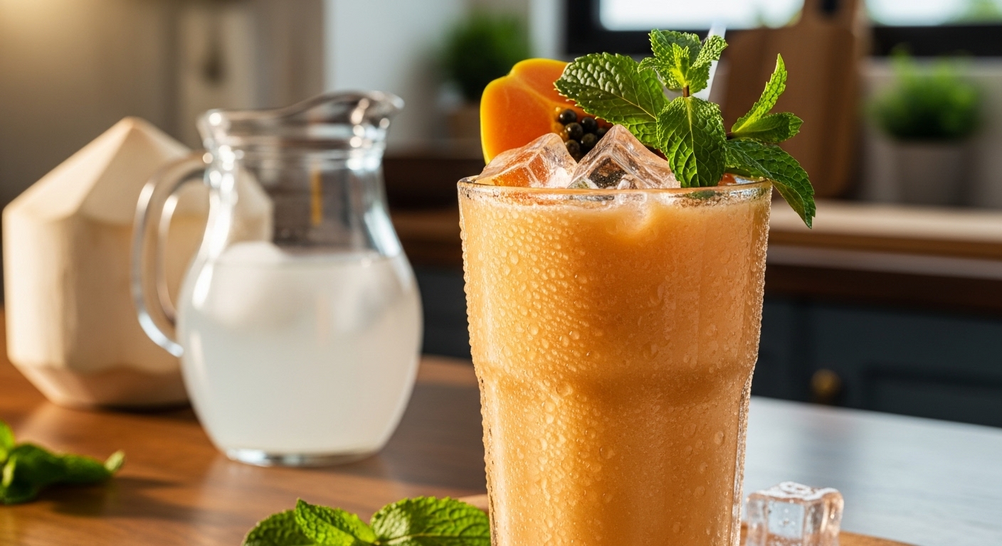 Smoothie glow de mamão com hortelã e água de coco