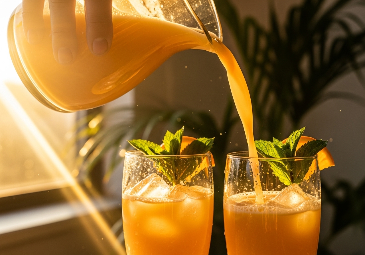 Servindo mojito virgem de abacaxi em copos altos com hortelã