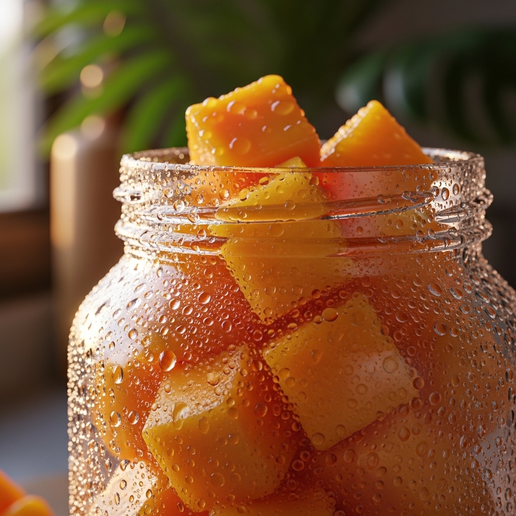 Cubos de manga em pote de vidro, prontos para consumo ou congelamento