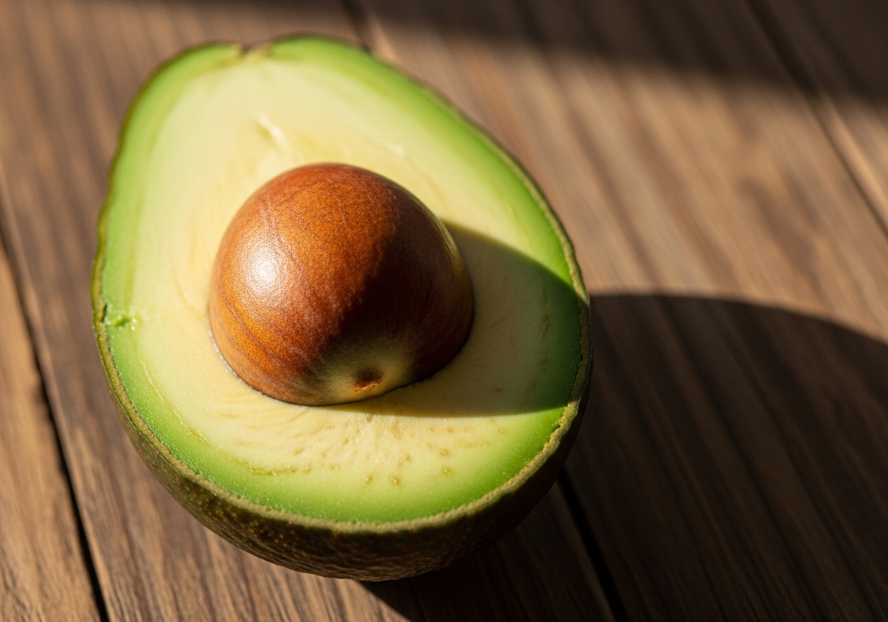 Abacate maduro cortado ao meio: fruta rica em gorduras boas, fibras e antioxidantes
