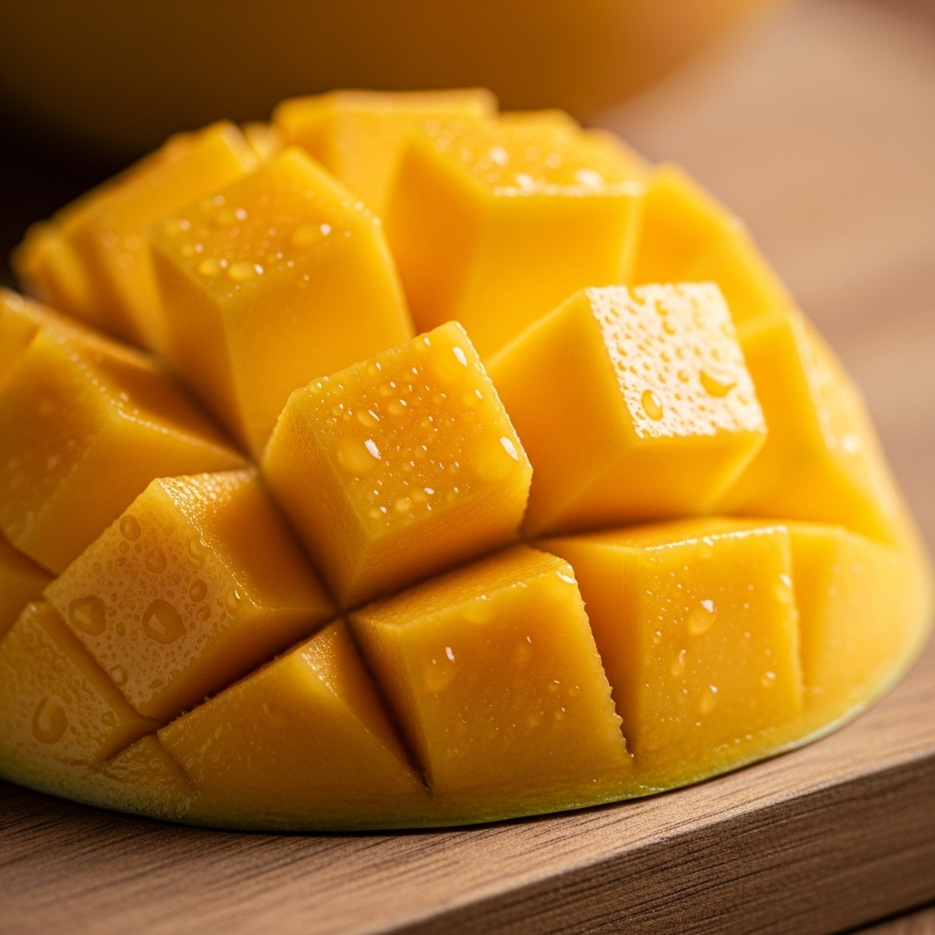 Manga fresca cortada em fatias — fruta tropical, suculenta e nutritiva