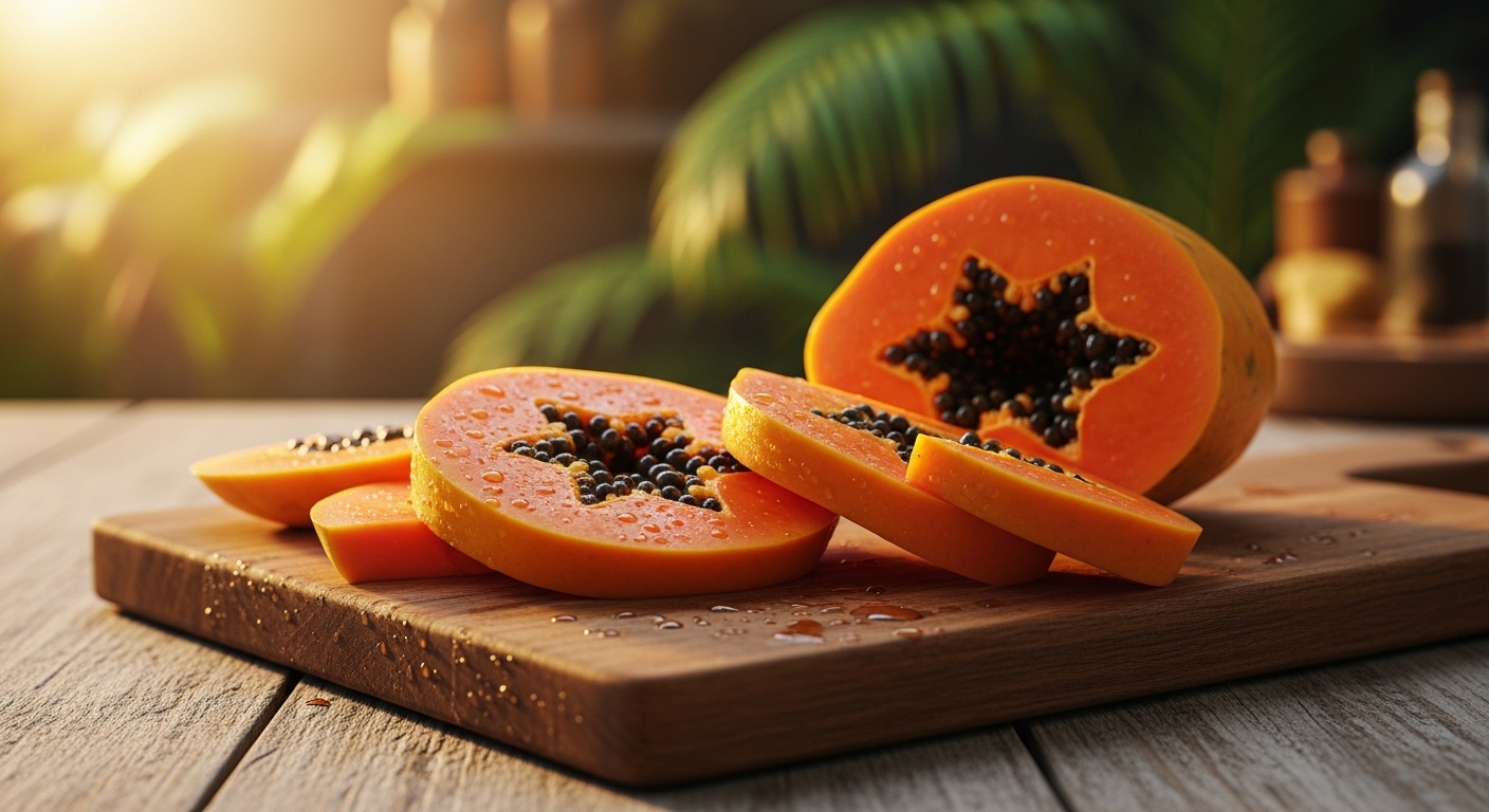 Mamão fresco cortado em fatias — fruta tropical, suculenta e nutritiva