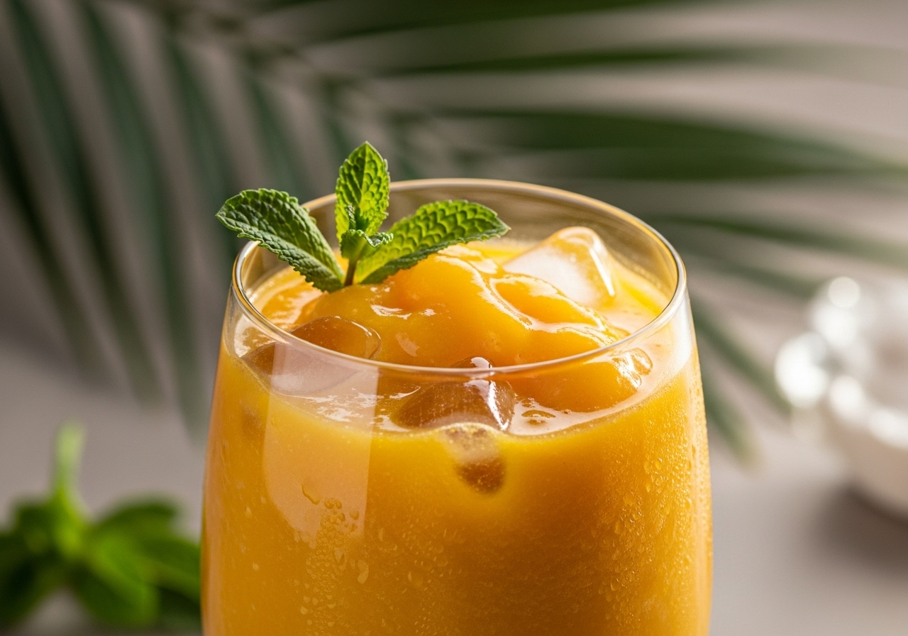 Smoothie glow de manga com hortelã e água de coco