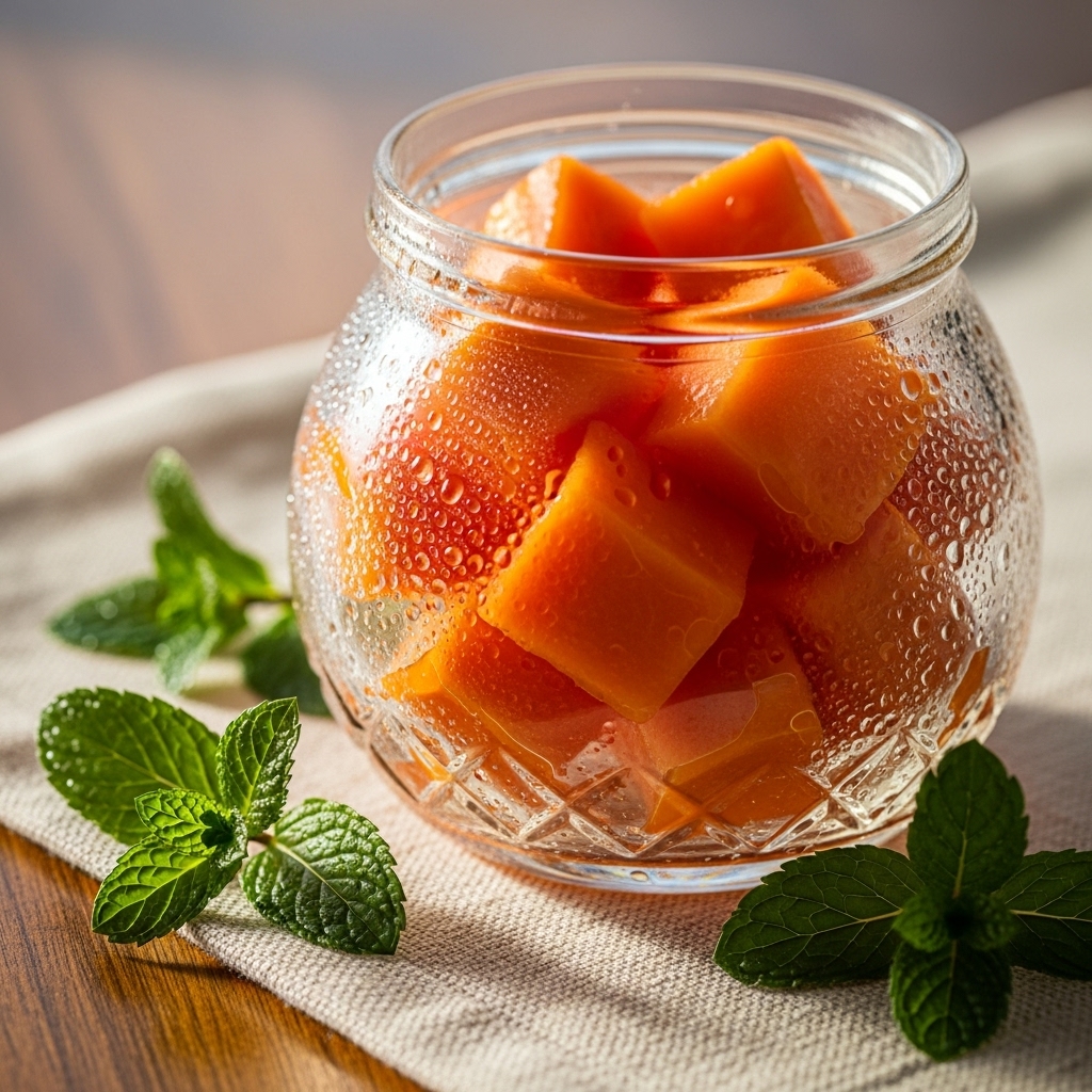 Cubos de mamão em pote de vidro, prontos para consumo ou congelamento