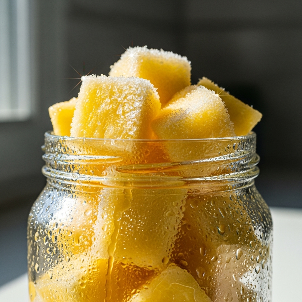 Cubos de abacaxi em pote de vidro, prontos para consumo ou congelamento