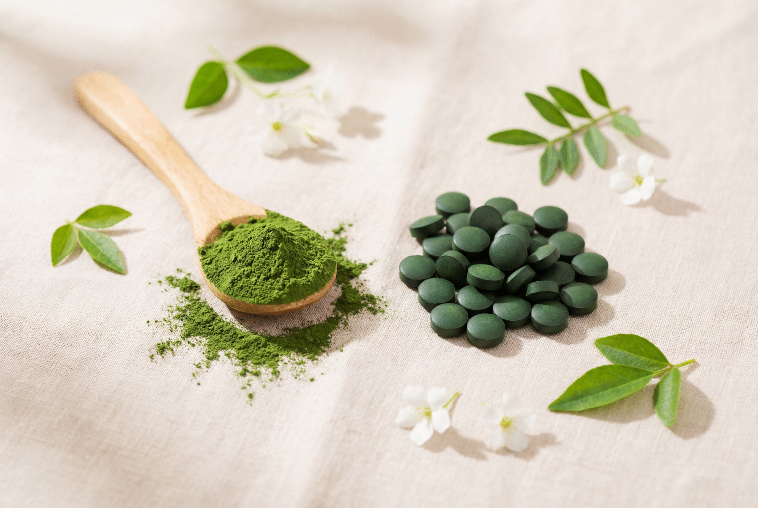 Chlorella em pó e comprimidos