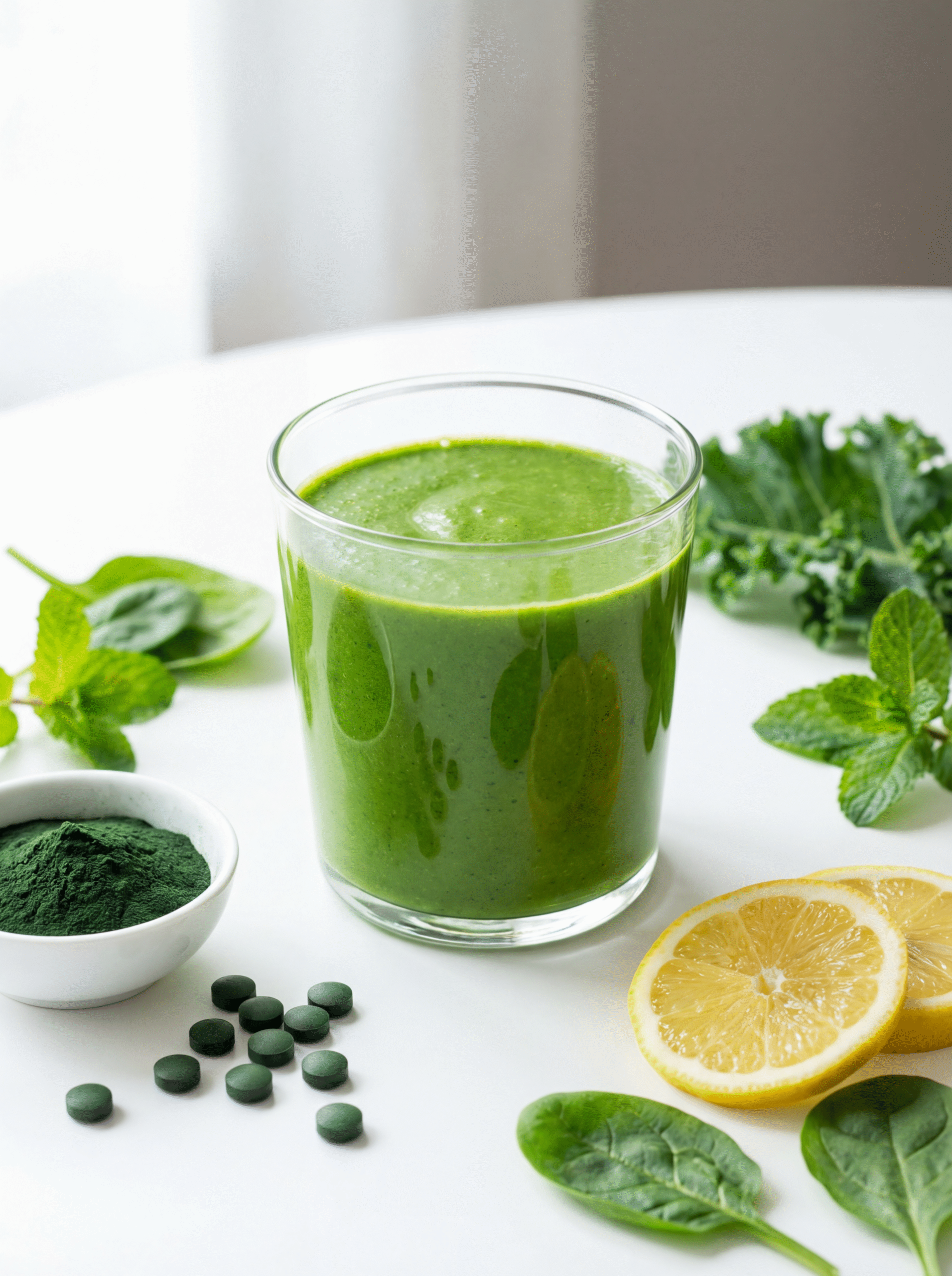 Chlorella em pó sendo usada em smoothie verde