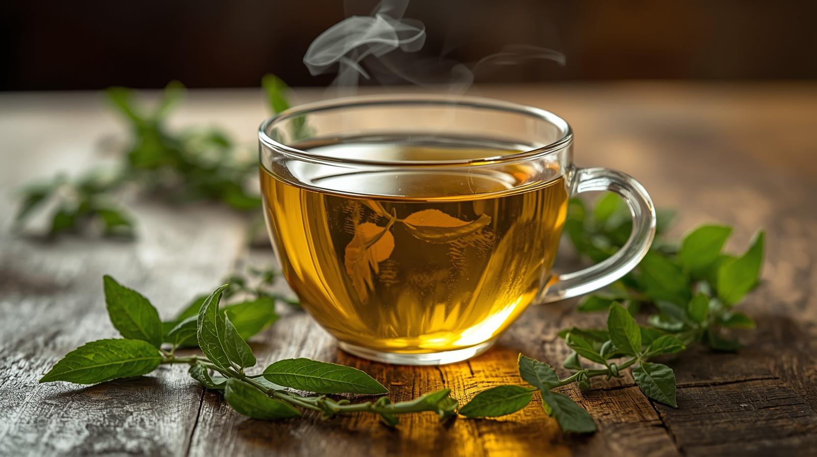 Xícara de chá de melissa quente servida em ambiente aconchegante