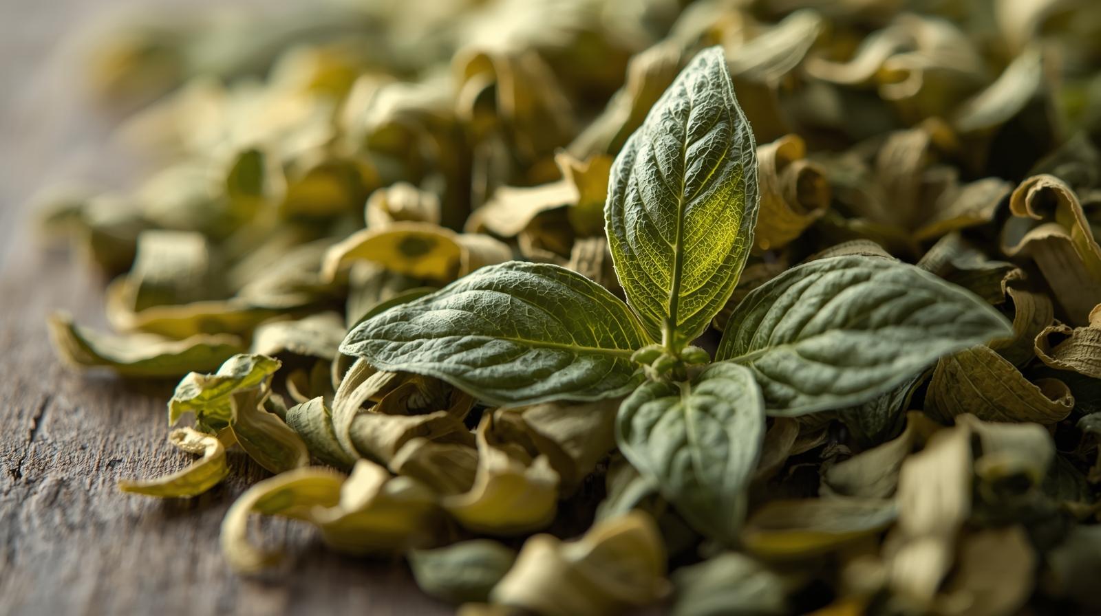 Folhas secas de melissa utilizadas em infusões