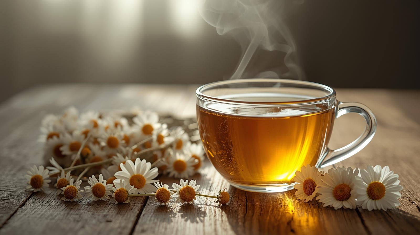 Chá de camomila servido em xícara de vidro