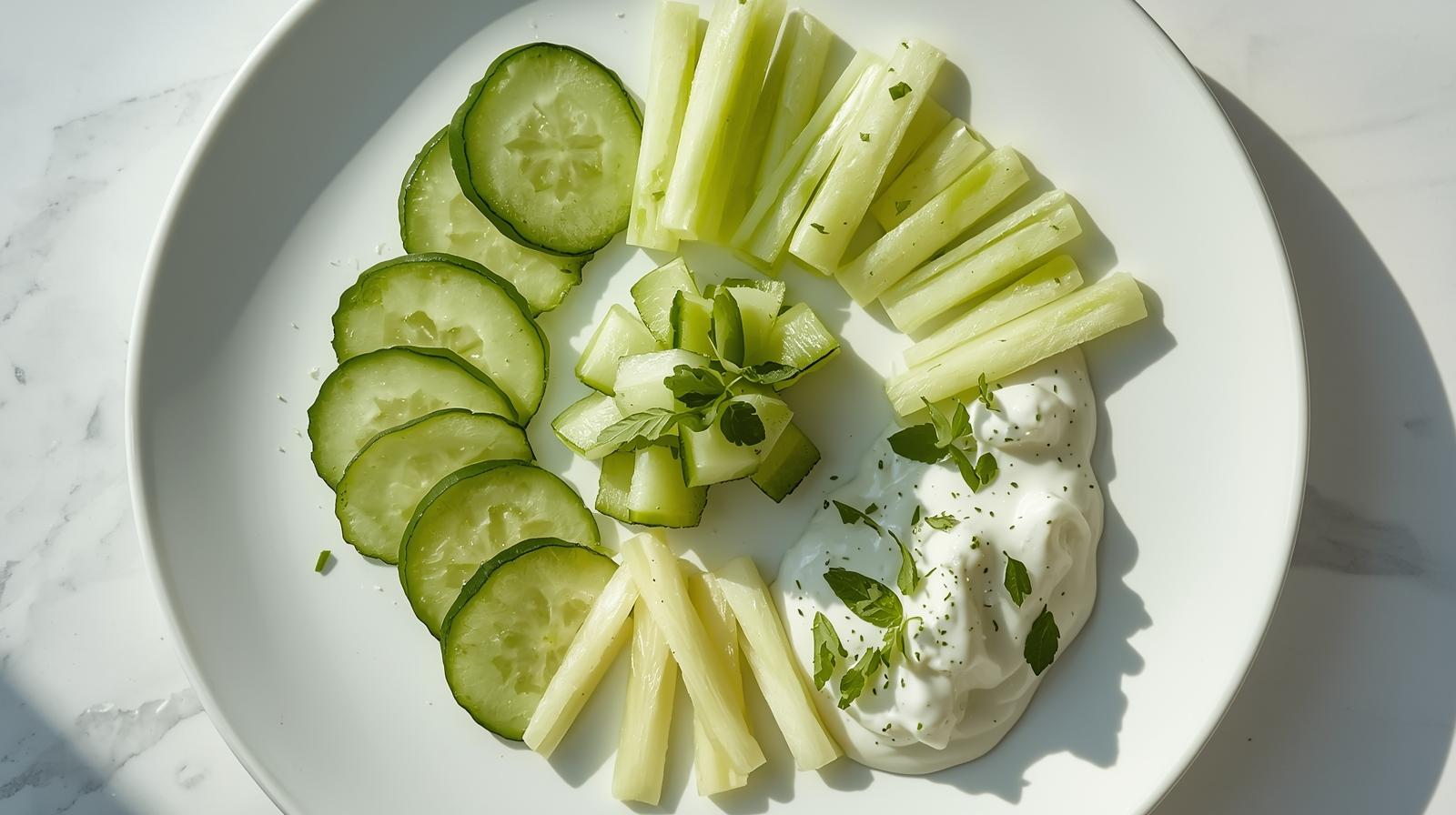 Diferentes preparações com pepino em um mesmo prato