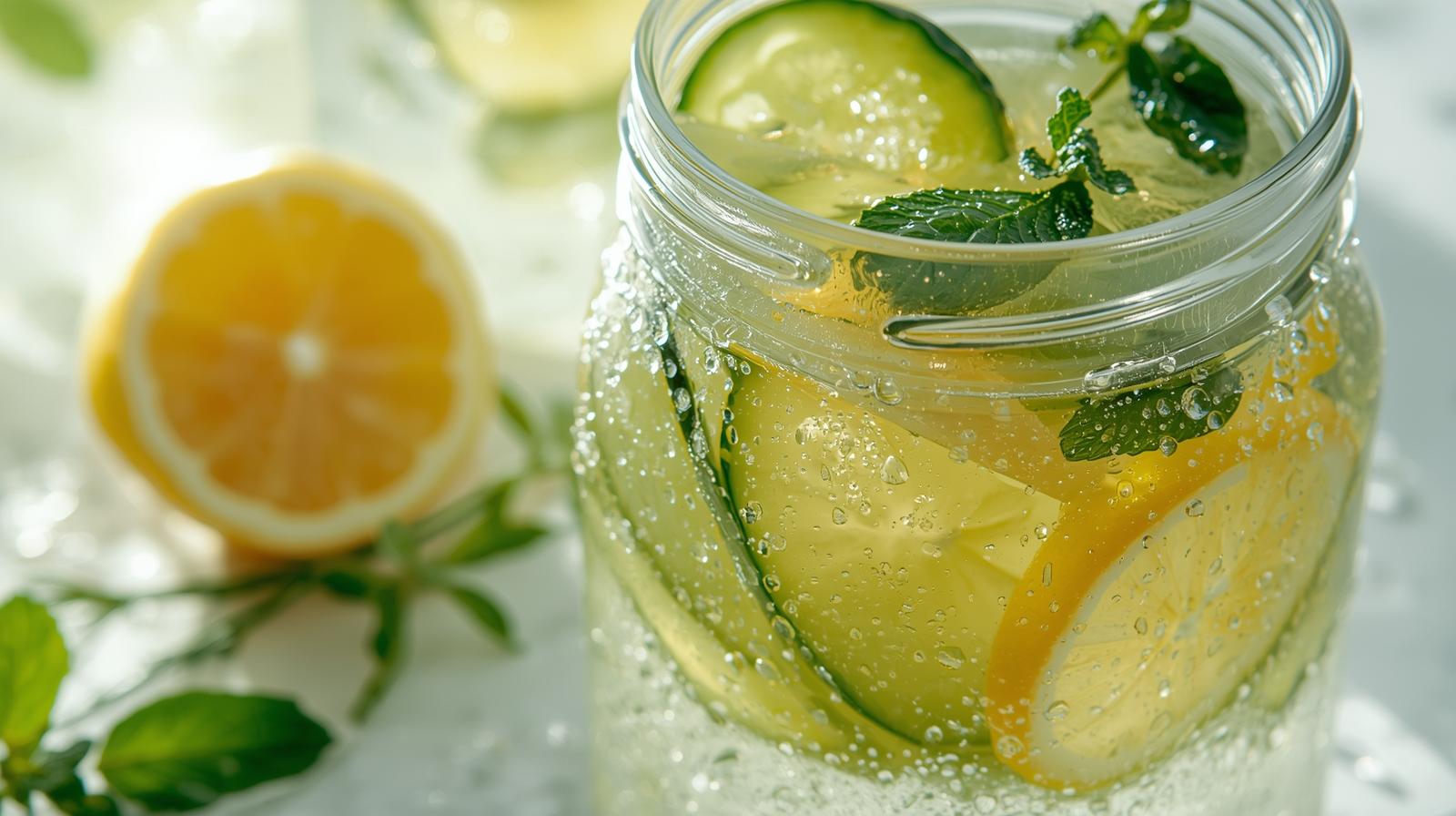 Copo de água detox com pepino, limão e hortelã