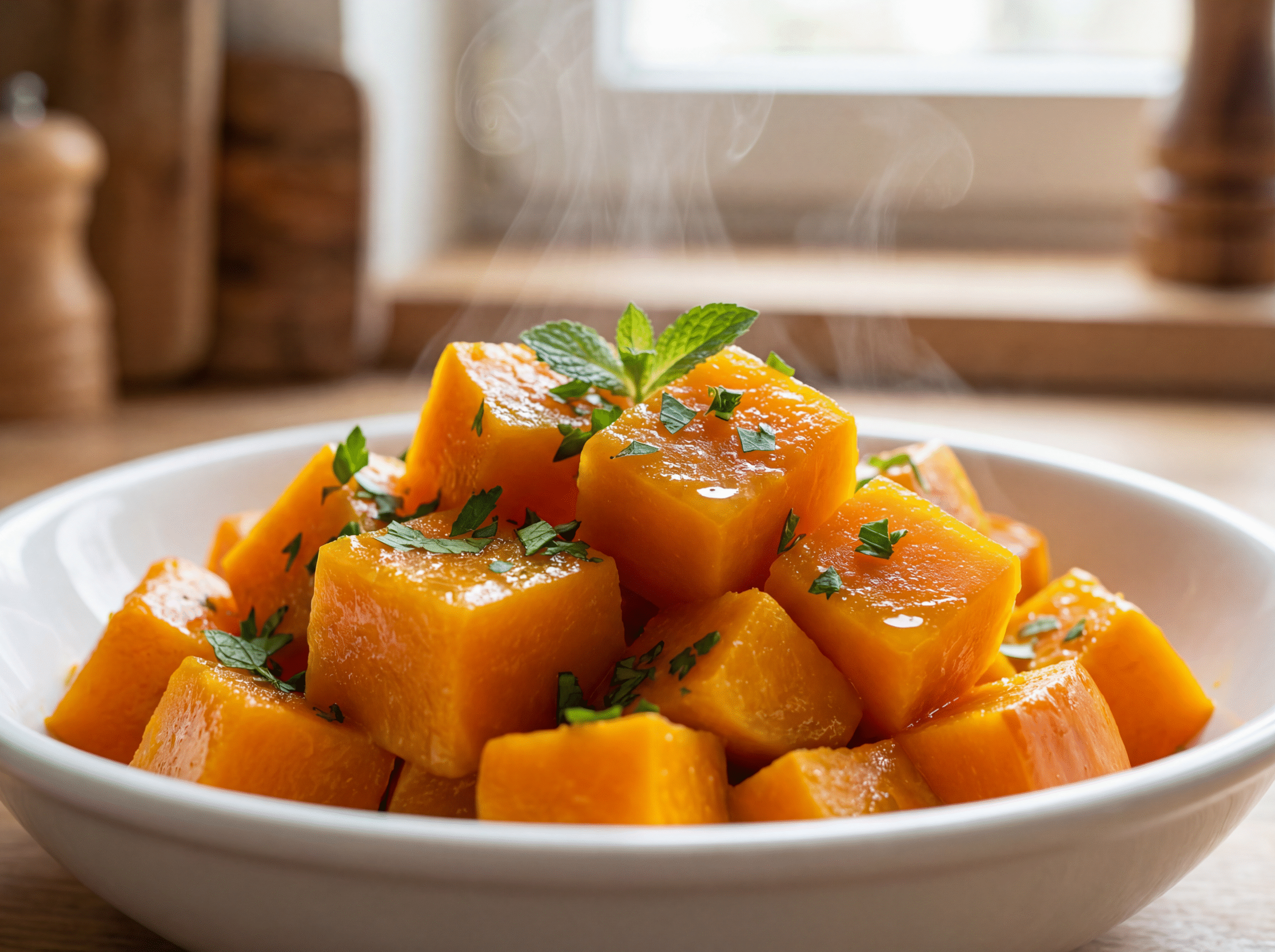 Cubos de abóbora cozida em um prato saudável com outros vegetais