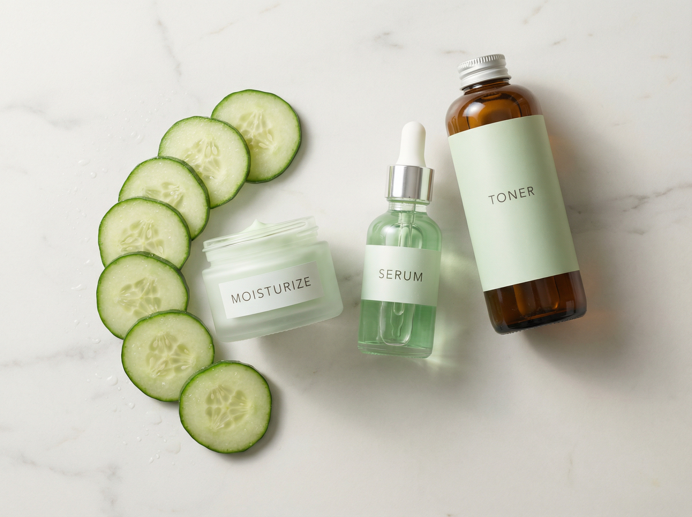Rodelas de pepino ao lado de produtos de skincare