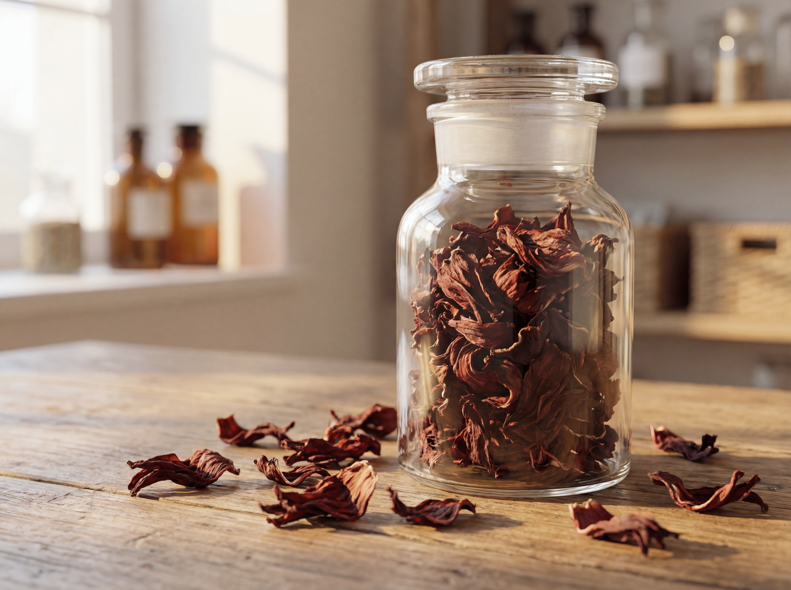 Hibisco seco armazenado em pote de vidro ou saco natural