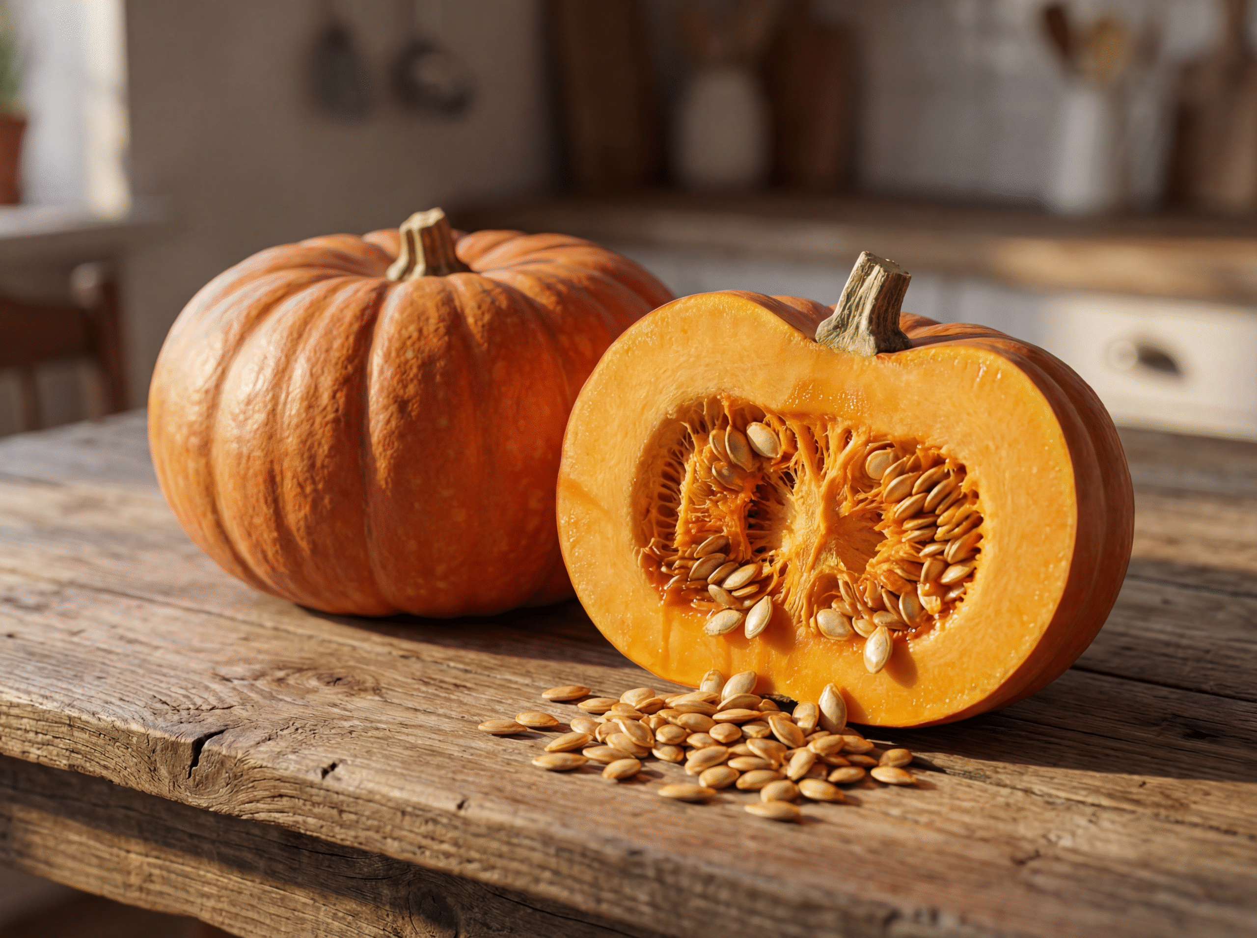 Abóbora inteira e cortada ao meio sobre uma mesa rústica