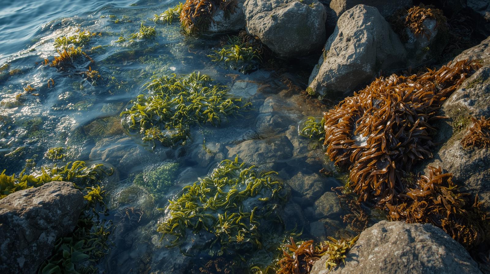 Algas marinhas crescendo em rochas no oceano
