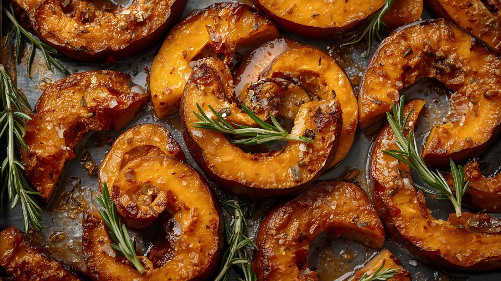 Fatias de abóbora assadas com ervas e azeite em uma assadeira