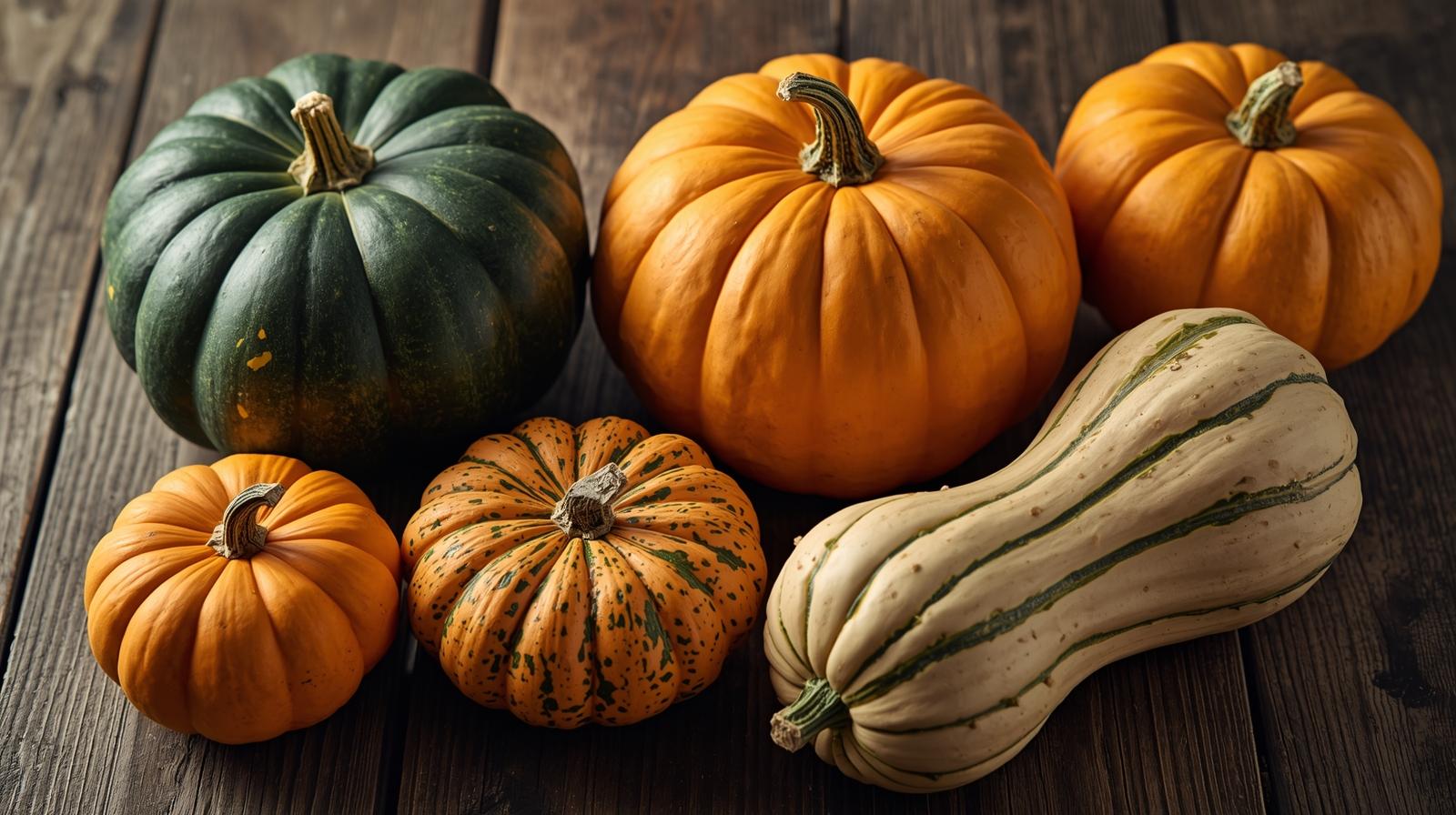 Diferentes tipos de abóbora alinhados sobre uma mesa de madeira