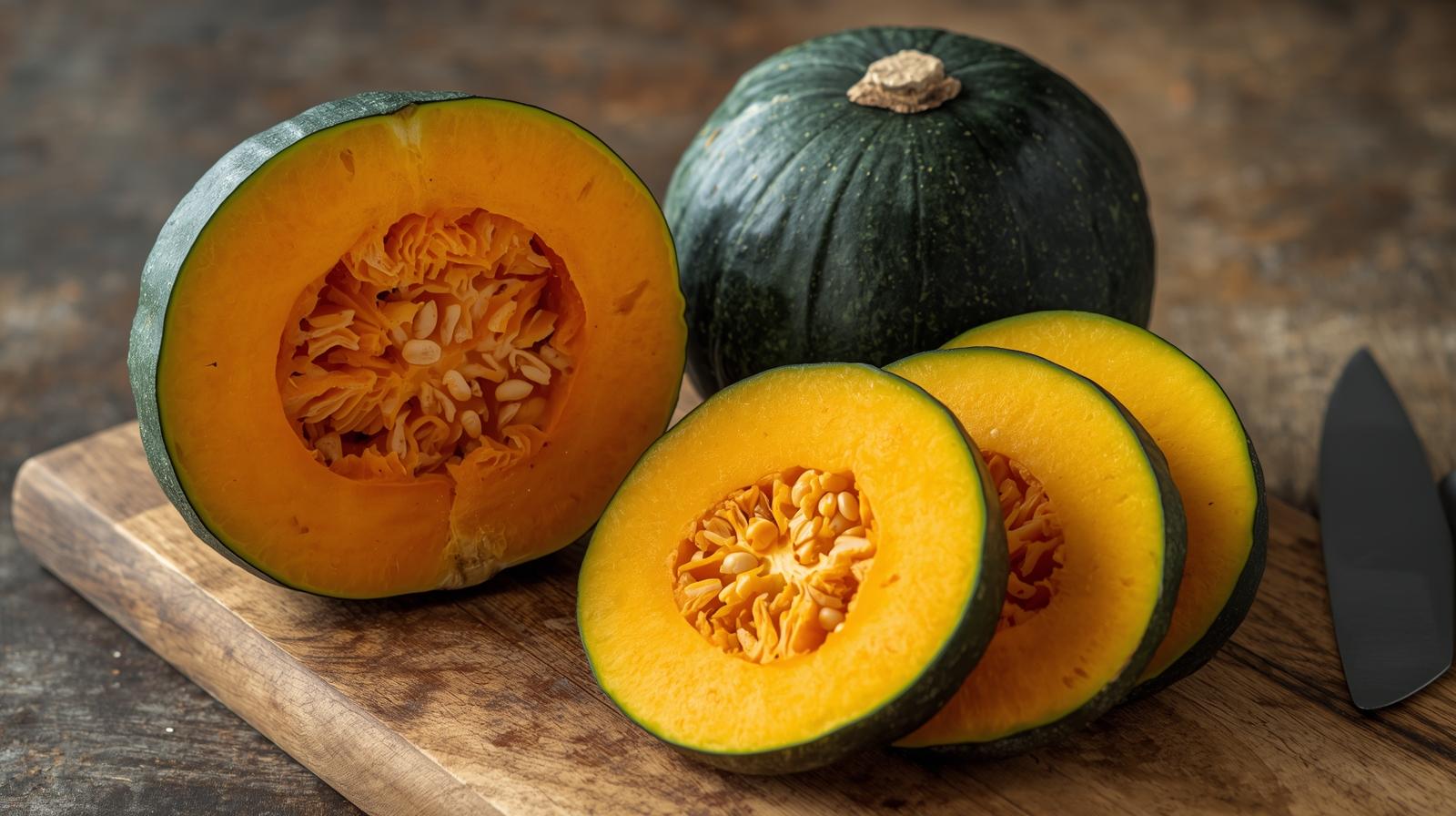 Abóbora cabotiá cortada em fatias mostrando a polpa alaranjada