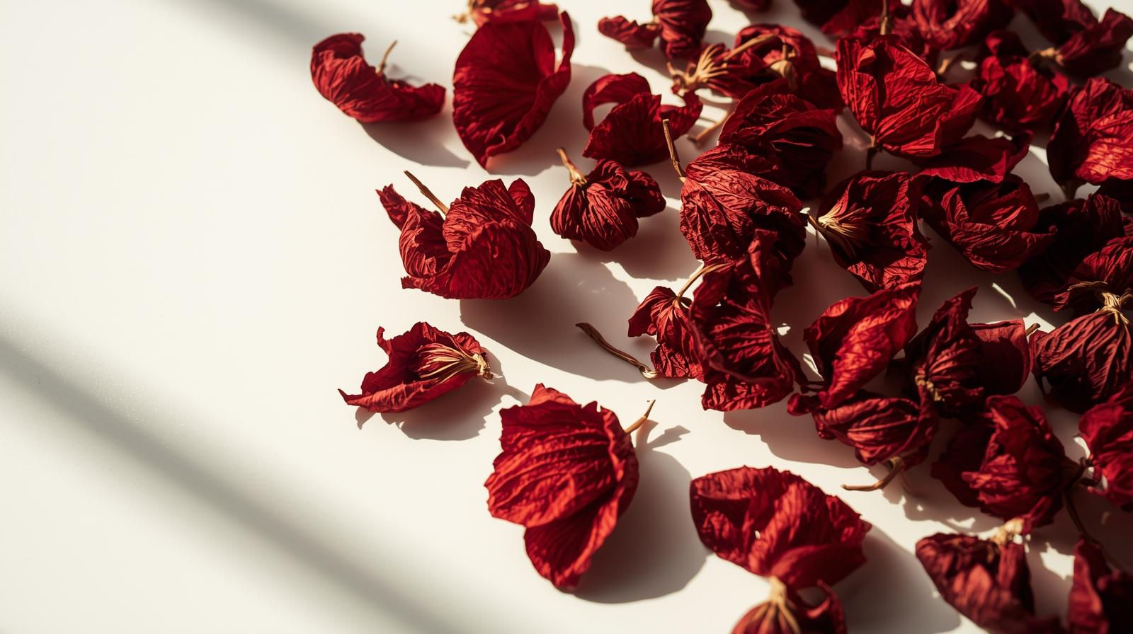 Flores de hibisco secas em destaque sobre uma superfície clara