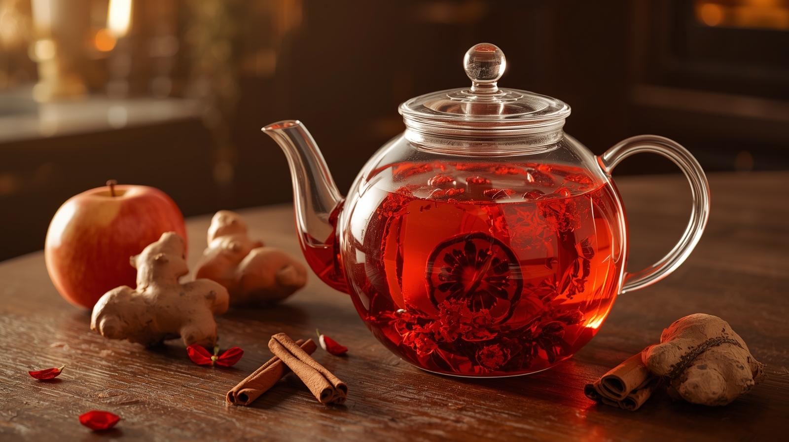 Infusão de hibisco com pedaços de frutas e especiarias