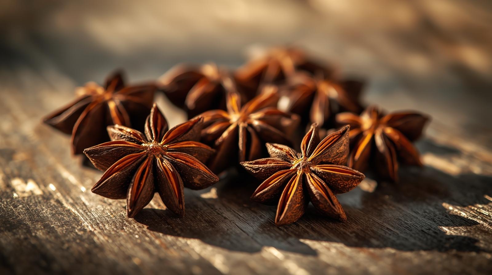 Anis-estrelado inteiro em destaque sobre superfície rústica
