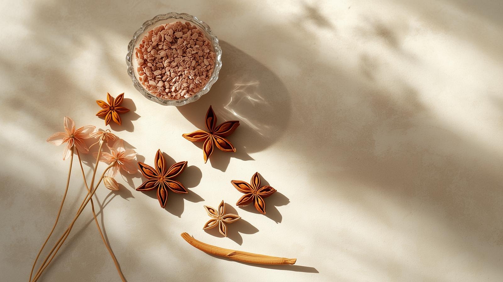 Anis-estrelado decorativo ao lado de flores secas