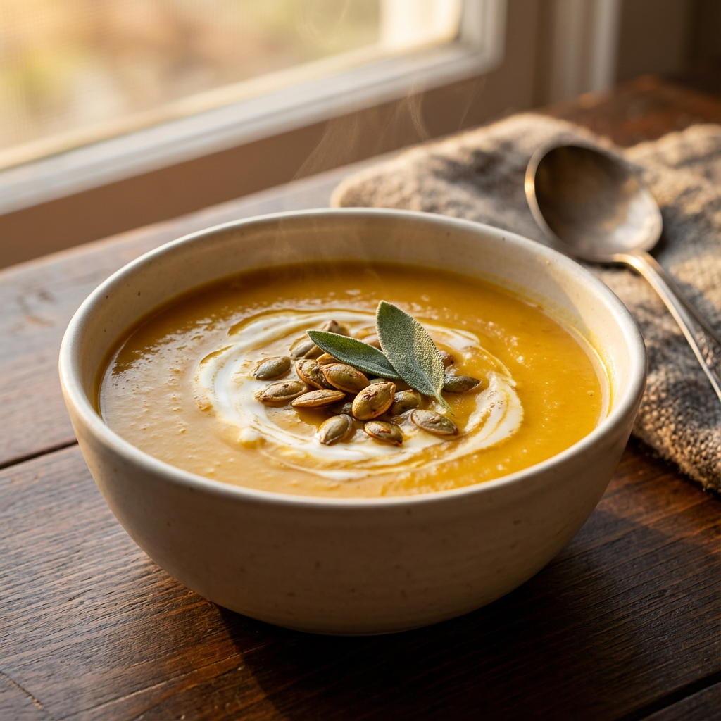 Tigela de sopa cremosa de abóbora com ervas por cima