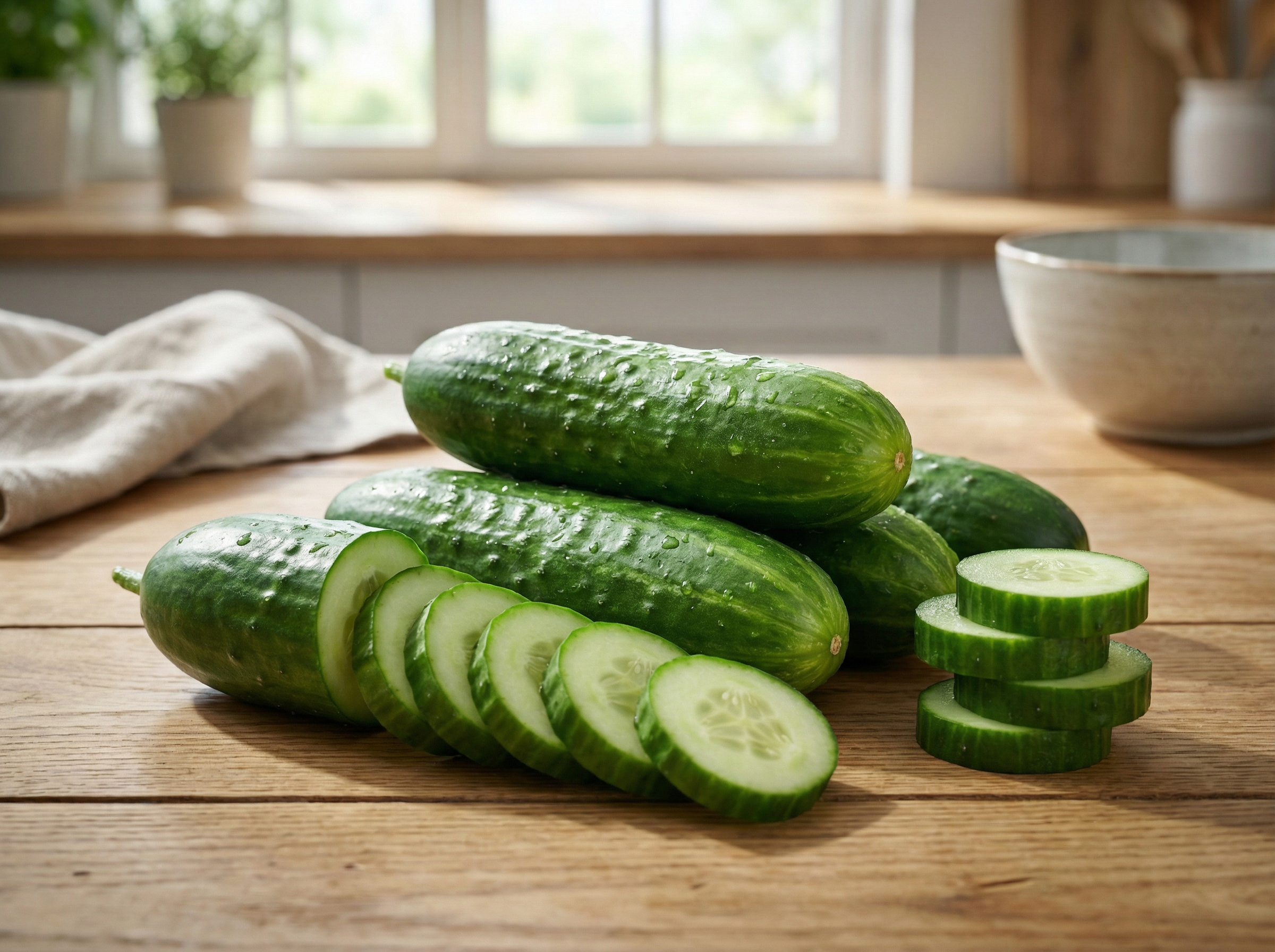 Pepinos frescos sobre a mesa prontos para o consumo