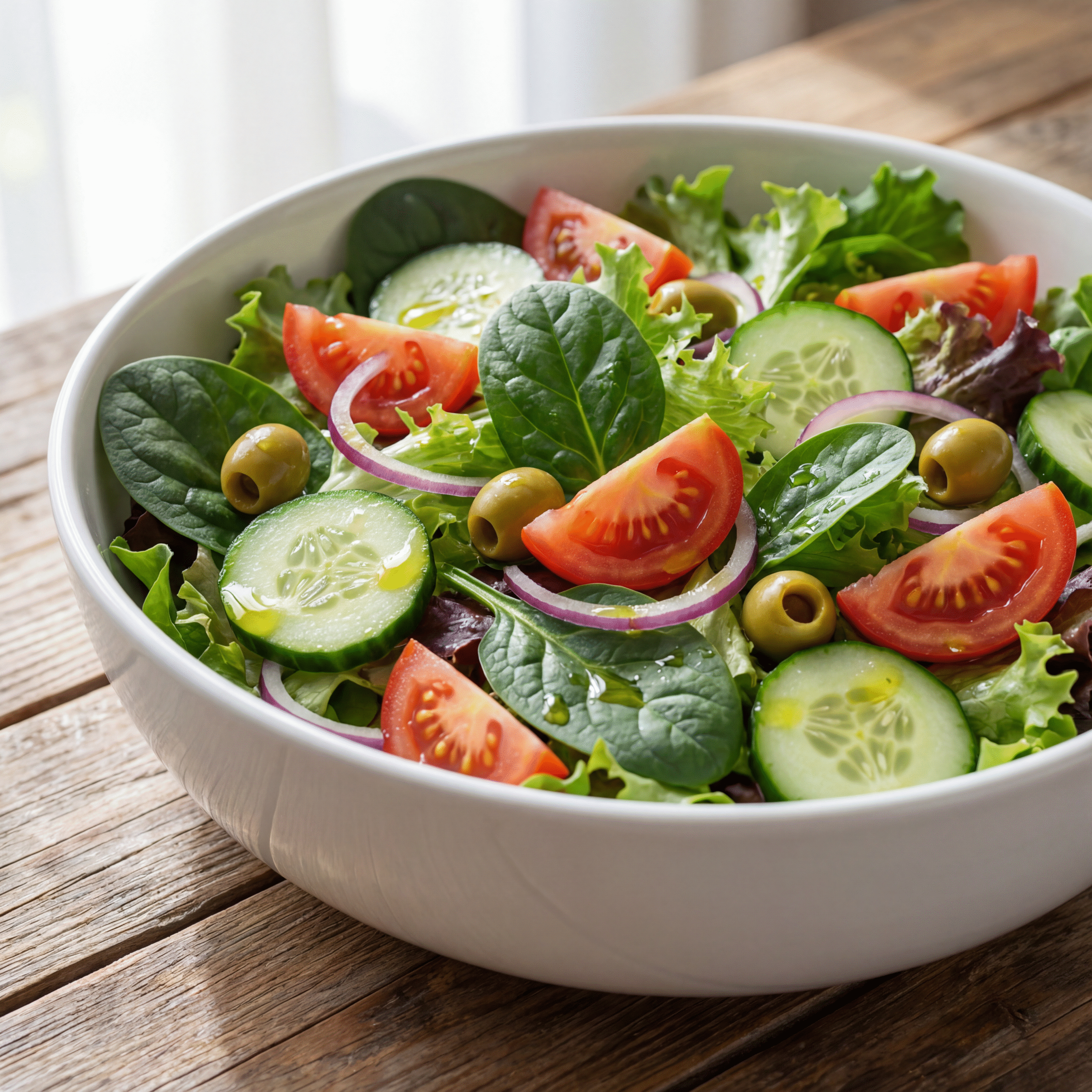 Salada fresca com pepino em rodelas, tomate e folhas verdes