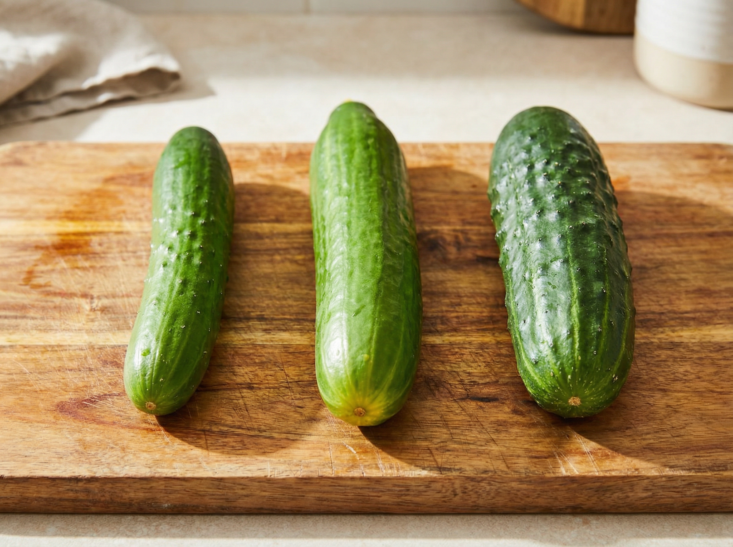 Diferentes tipos de pepino organizados em uma bancada