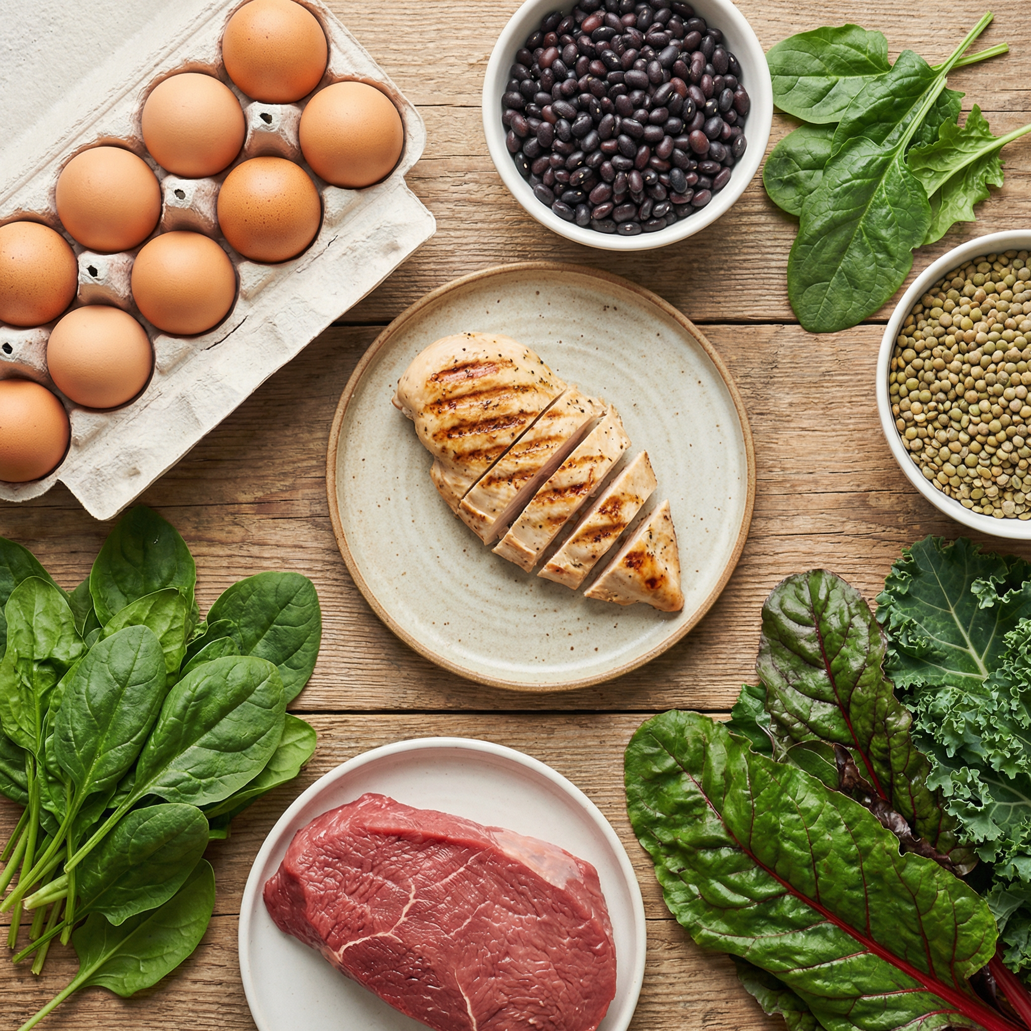 Alimentos ricos em glutamina como ovos, carnes, legumes e vegetais verdes