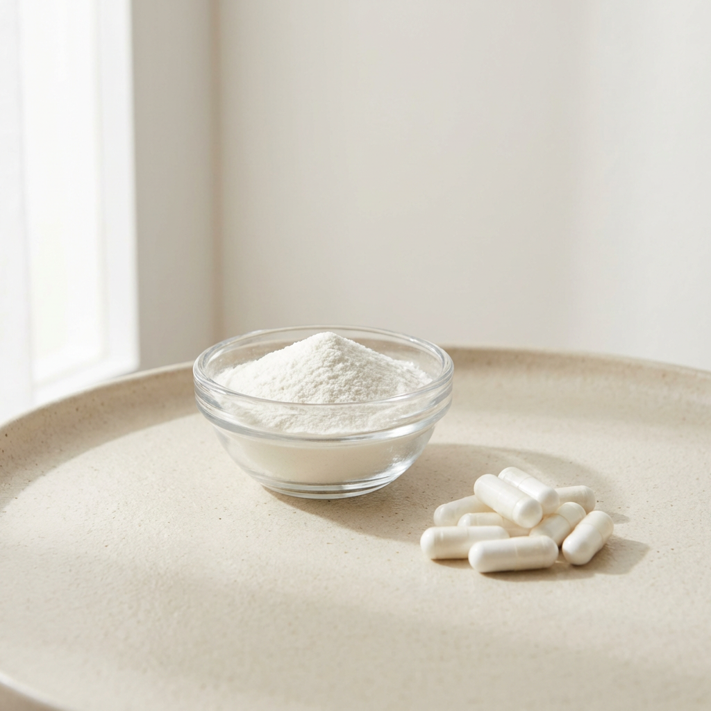 Glutamina em pó e cápsulas com visual clean e natural
