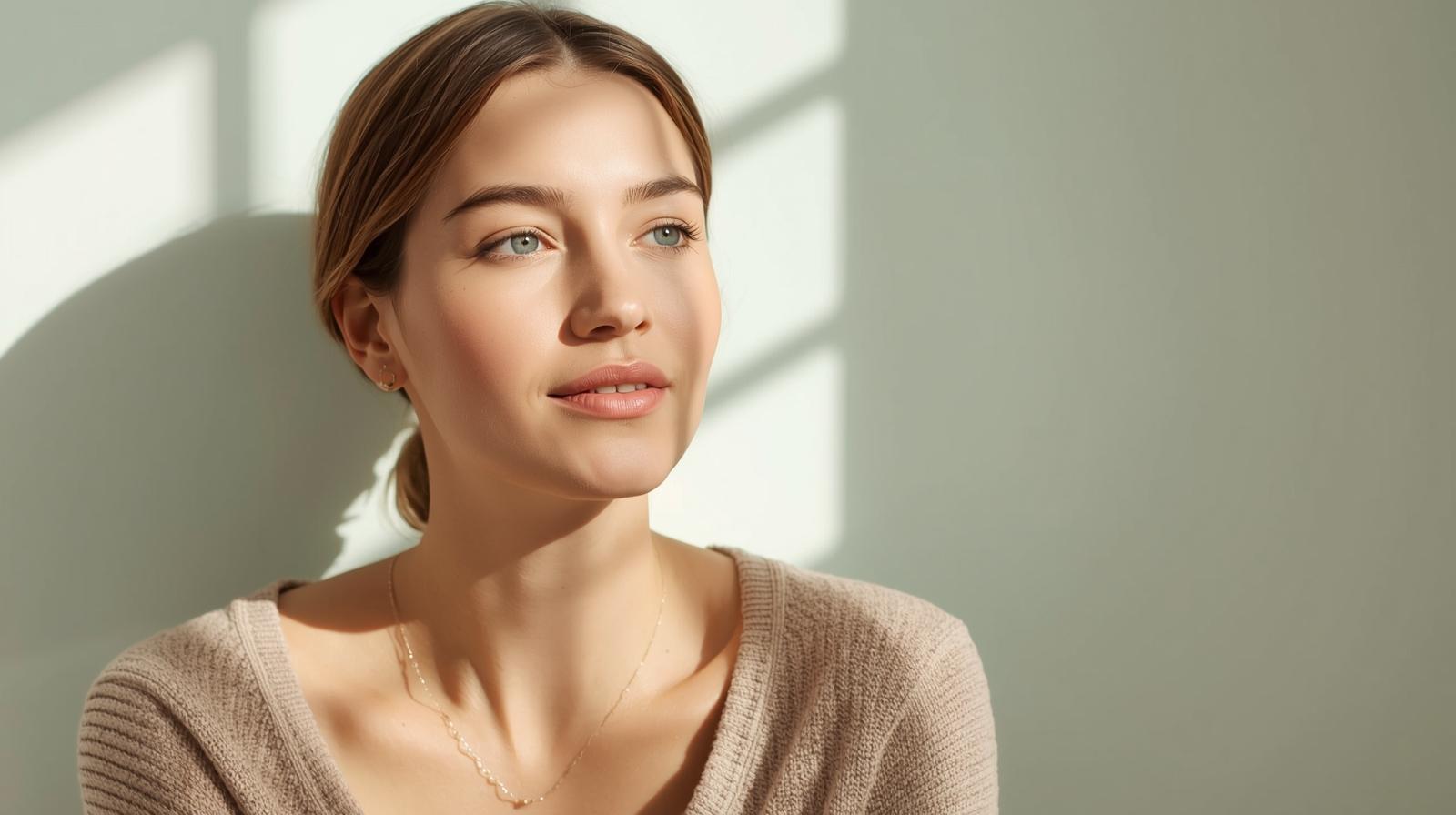 Mulher com aparência saudável representando equilíbrio e bem-estar