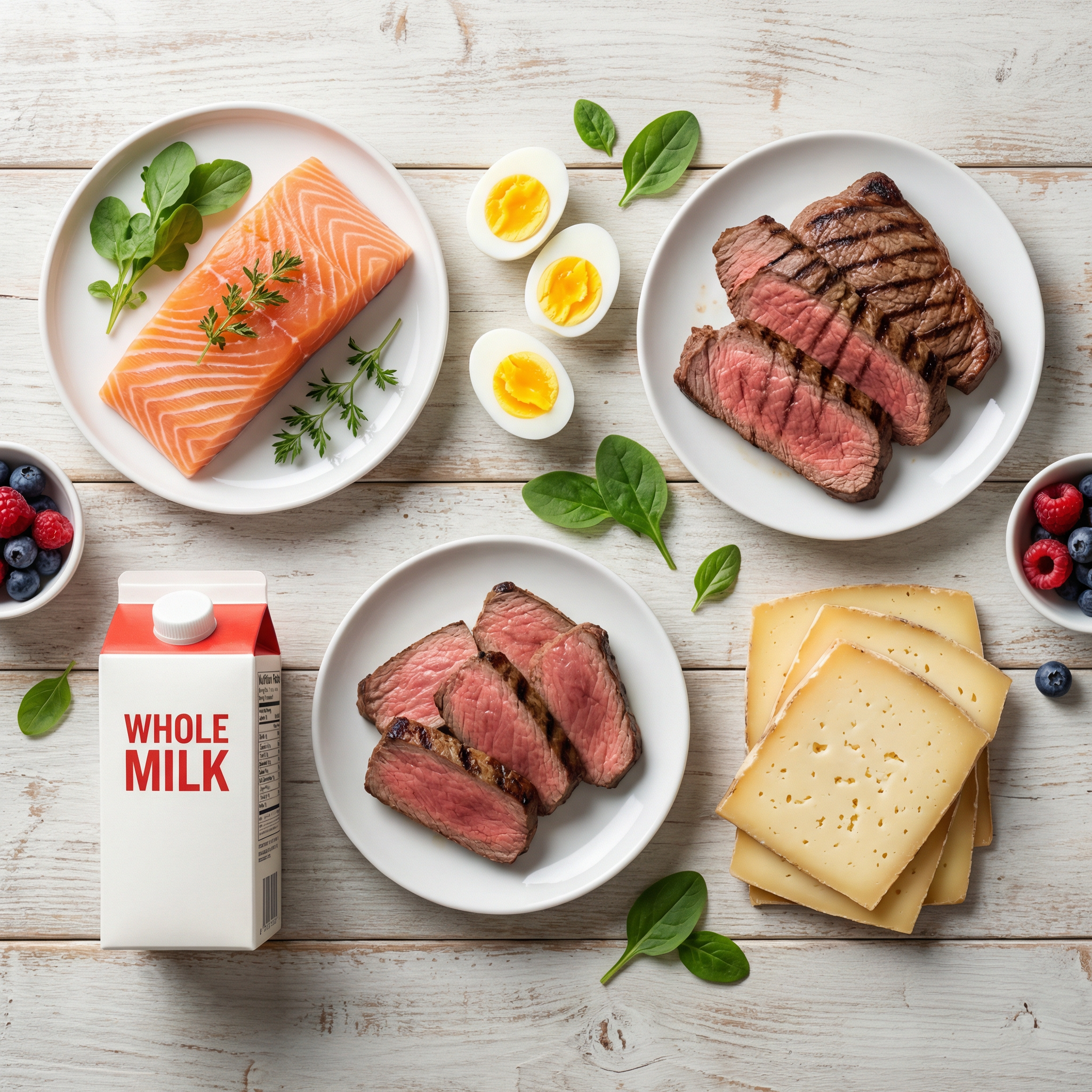 Alimentos ricos em vitamina B12 como carne, ovos, leite e salmão