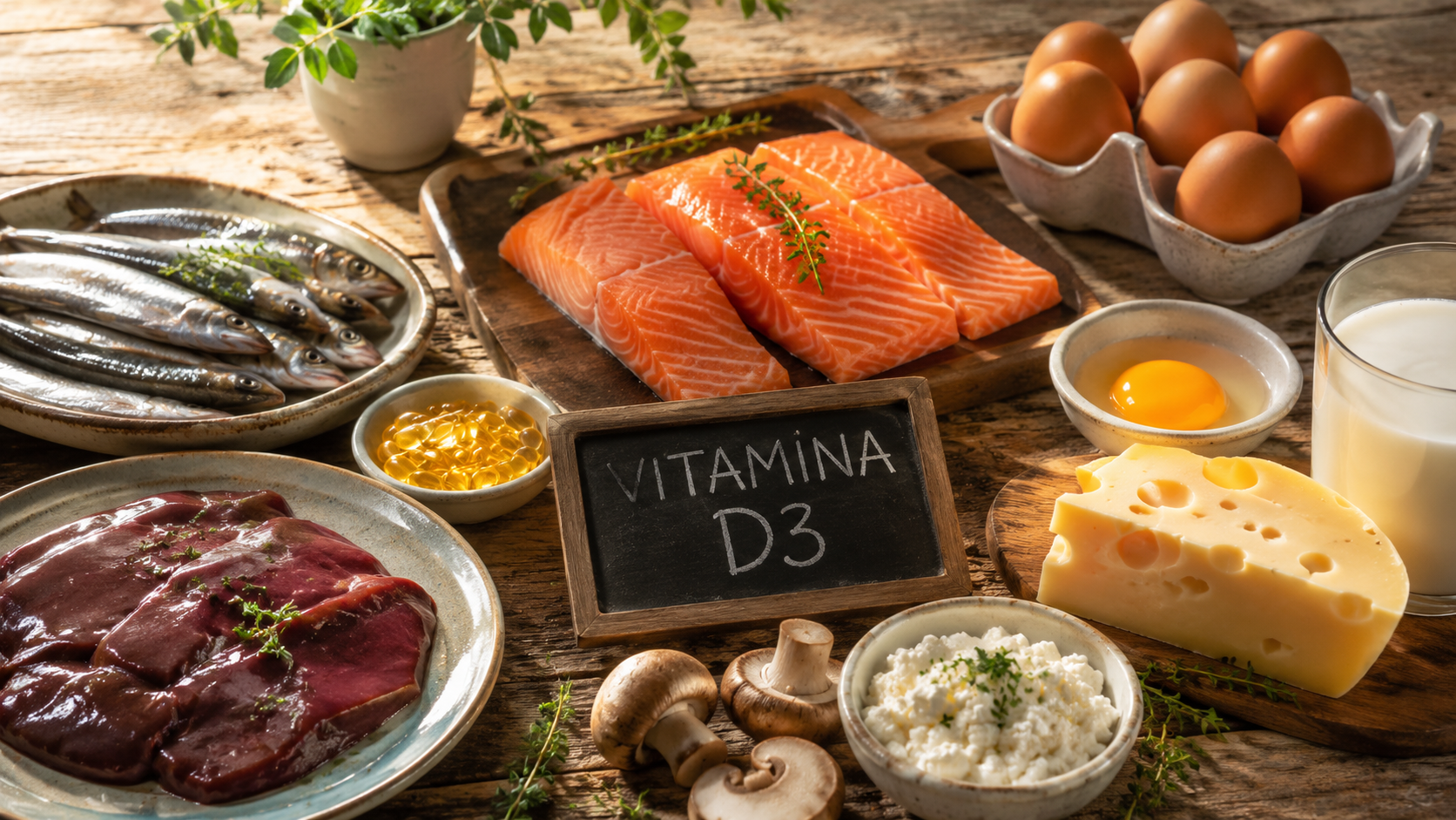 Alimentos ricos em vitamina D3 como salmão ovos e sardinha