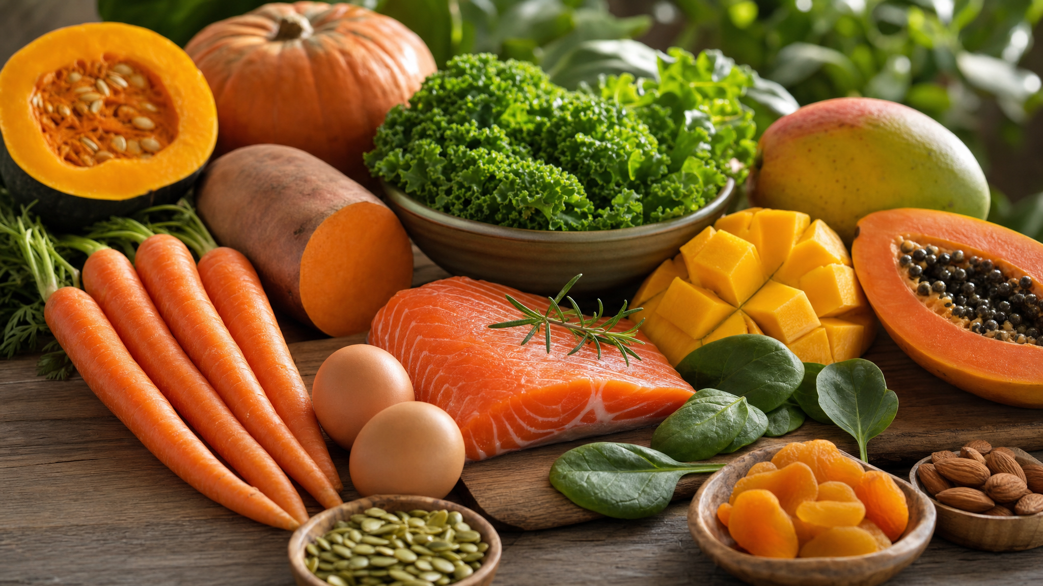 Alimentos ricos em vitamina A como cenoura abóbora manga mamão espinafre e ovos