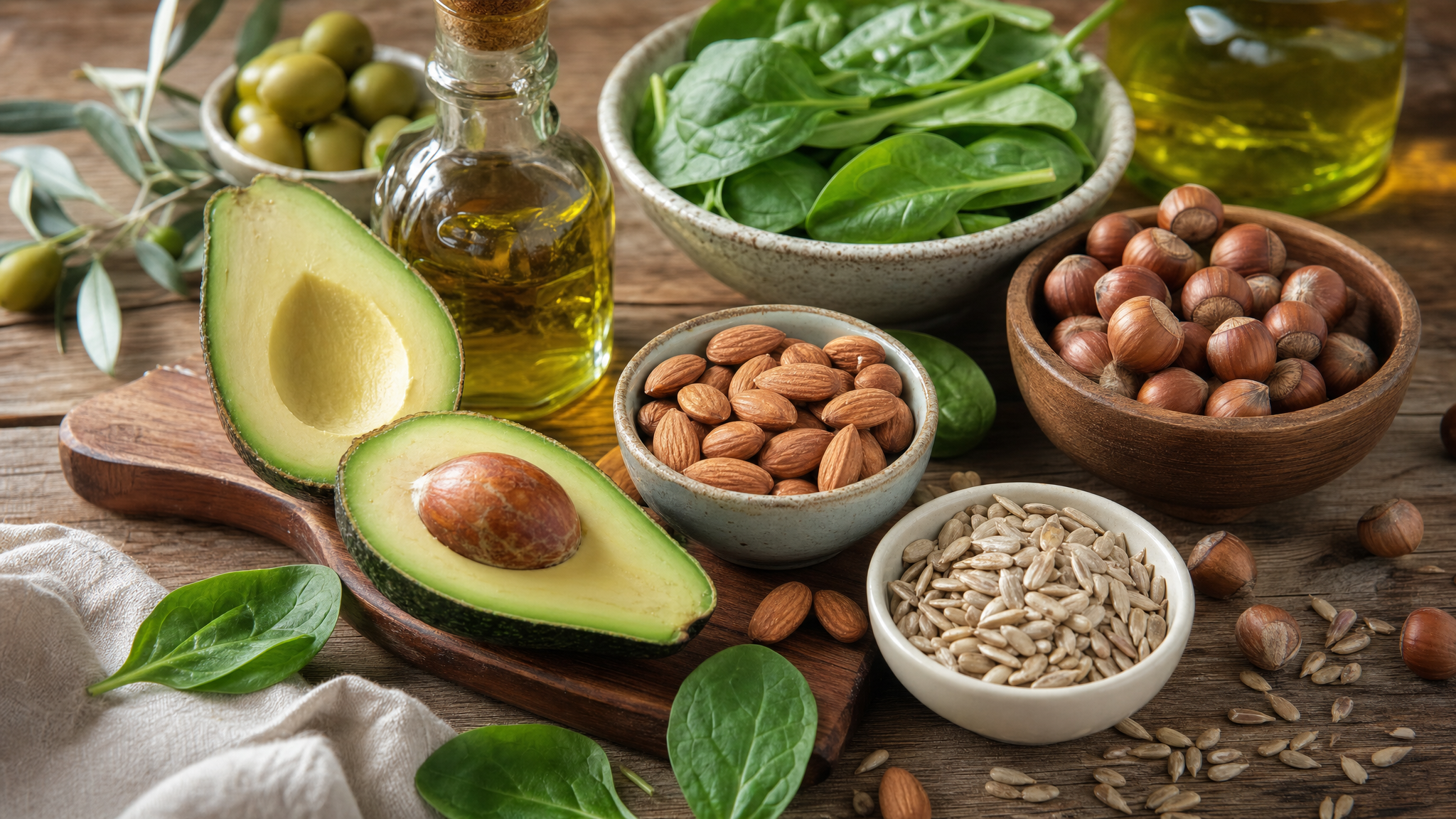Alimentos ricos em vitamina E como castanhas amêndoas sementes abacate azeite e espinafre