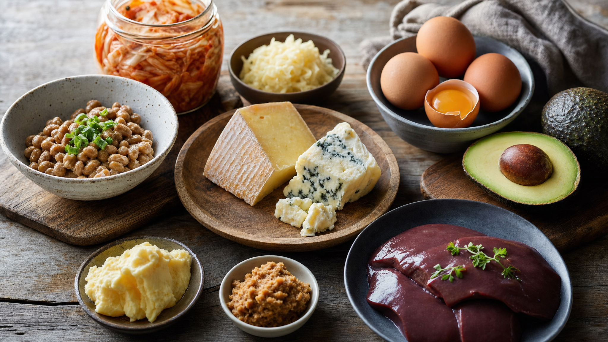 Alimentos ricos em vitamina K2 como natto queijo ovos e fígado