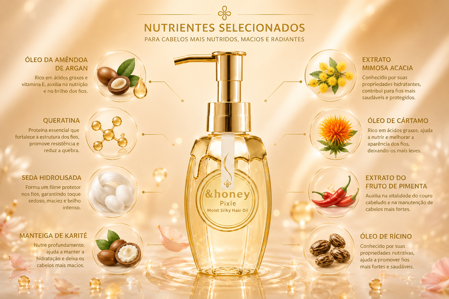 Ingredientes nutritivos do &honey Pixie Moist Silky Hair Oil